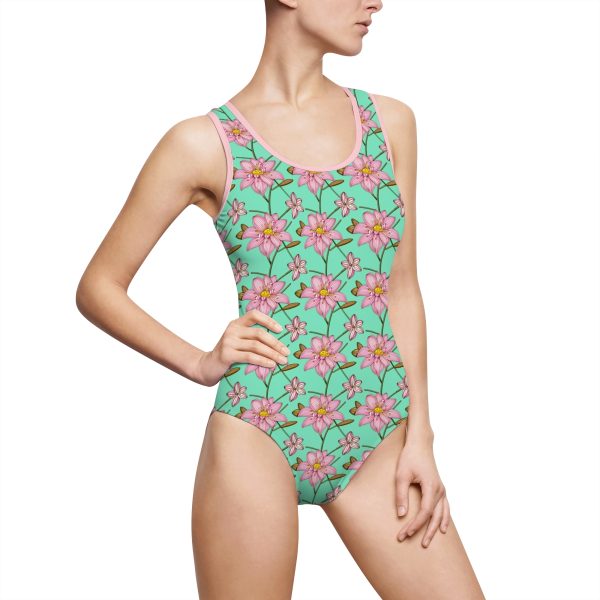 One-Piece Swimsuit for women with pink lilies pattern - Image 2