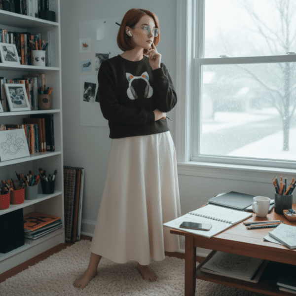Gamer Cat Eared Headphones Pixel Art Sweater - Image 3